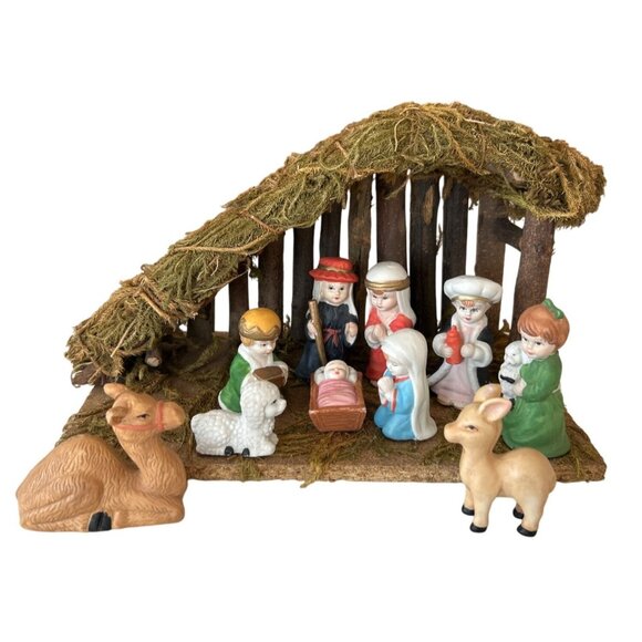 Vintage 90s Miracle of Bethlehem Hand-Painted Porcelain Nativity Set Wood Manger - Picture 2 of 11